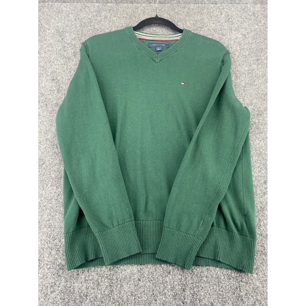 Tommy Hilfiger V-Neck Sweater Mens Medium Green Cotton Blend Knit Pullover Logo